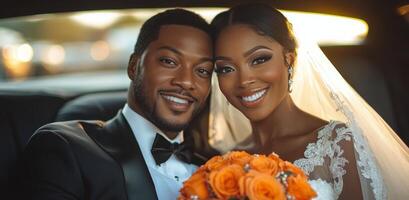 Elegant couple smiling together in a wedding car during sunset, capturing their joyful moment photo