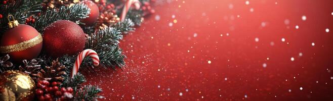 Festive holiday decorations with ornaments and candy canes on a red backdrop photo