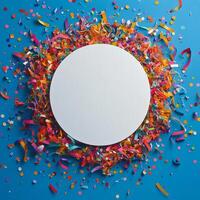 Colorful confetti and ribbons surround a blank white circular surface on a blue backdrop photo