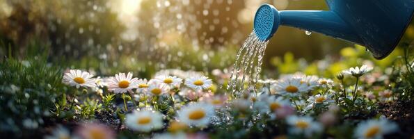 Watering can spills water over vibrant flowers in a sunlit garden during springtime photo