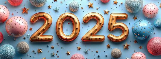 Sparkling New Years Eve decorations featuring the year 2025 with colorful ornaments photo