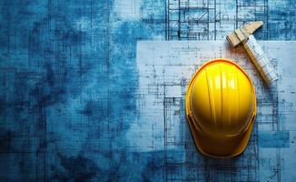 Construction tools and plans on a blue background featuring a yellow hard hat and hammer photo