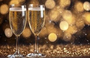 Celebratory toast with sparkling champagne and festive decorations during a New Years celebration photo