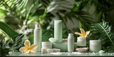 Relaxing spa setup with natural salt and cream containers amidst tropical leaves photo