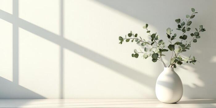 Elegant white vase with greenery casting soft shadows in a sunlit room photo
