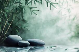 Calm and serene arrangement of smooth stones and bamboo leaves on a textured teal surface photo