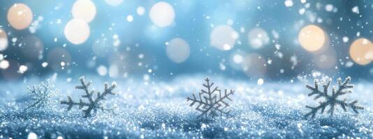Silver snowflakes and pinecones resting on shimmering blue surface during winter celebration photo