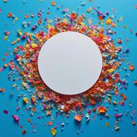 Colorful confetti and ribbons surround a blank white circular surface on a blue backdrop photo