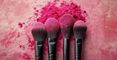 Three pink makeup brushes with soft bristles and scattered blush powder on a pink background photo