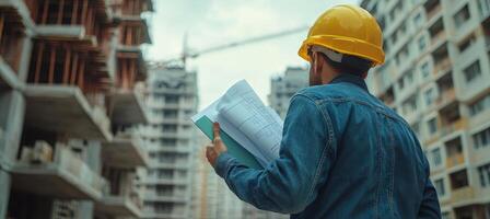 Construction worker reviewing blueprints at a building site during a cloudy day photo