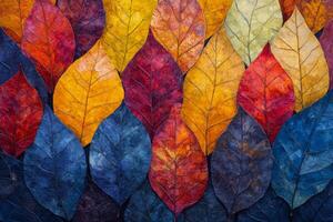 Close up of colorful autumn leaves showcasing vibrant hues and intricate textures photo