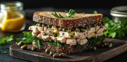 Delicious sandwich with chopped chicken, capers, and fresh herbs on whole grain bread photo