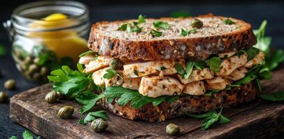 Delicious sandwich with chopped chicken, capers, and fresh herbs on whole grain bread photo