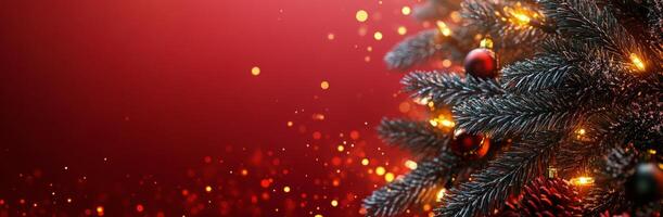 Festive Christmas tree adorned with lights and ornaments against a warm, red background photo
