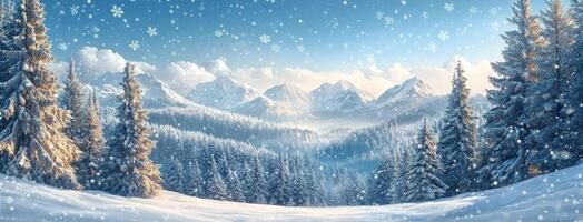Snowfall blankets a serene winter landscape with mountains and evergreen trees at dawn photo
