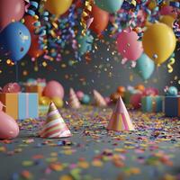 Bright and colorful party decorations with balloons and confetti filling the celebration area photo