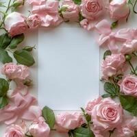 Delicate pink roses and bows surrounding a blank square, perfect for invitations or messages photo