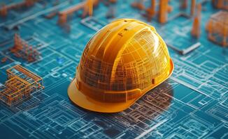 Construction helmet placed on blueprints in a professional work environment photo