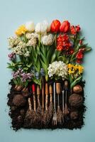 Colorful spring flowers and gardening tools arranged artistically against a vibrant blue background photo
