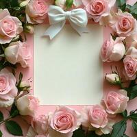 A serene arrangement of pink roses framing a blank card with white bows on a soft background photo