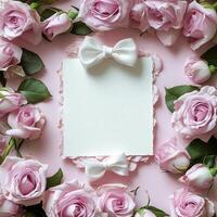 A serene arrangement of pink roses framing a blank card with white bows on a soft background photo