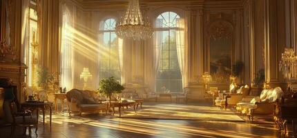 Luxurious sunlight filled room with elegant furniture in a grand palace during golden hour photo