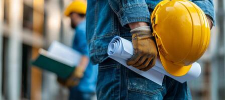 Construction worker reviewing blueprints at a building site during a cloudy day photo