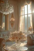 Elegant Parisian living room adorned with floral arrangements and natural light during the afternoon photo