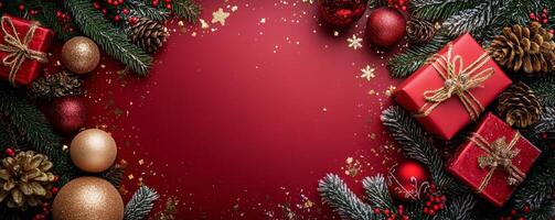 Elegant red Christmas decoration featuring ornaments, pine cones, and a gift on a festive background photo