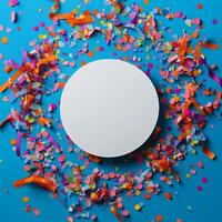 Colorful confetti and ribbons surround a blank white circular surface on a blue backdrop photo