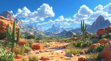 Vibrant desert landscape featuring cacti, mountains, and dramatic clouds under a bright sky photo