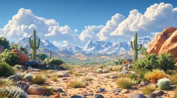 Vibrant desert landscape featuring cacti, mountains, and dramatic clouds under a bright sky photo