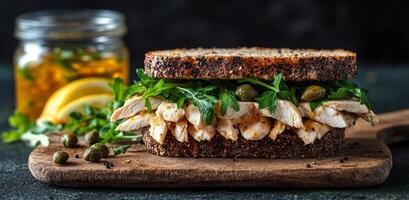 Delicious sandwich with chopped chicken, capers, and fresh herbs on whole grain bread photo