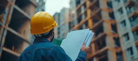 Construction worker reviewing blueprints at a building site during a cloudy day photo