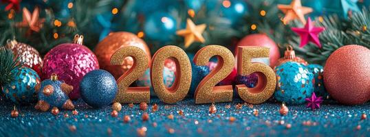Sparkling New Years Eve decorations featuring the year 2025 with colorful ornaments photo