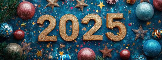 Sparkling New Years Eve decorations featuring the year 2025 with colorful ornaments photo