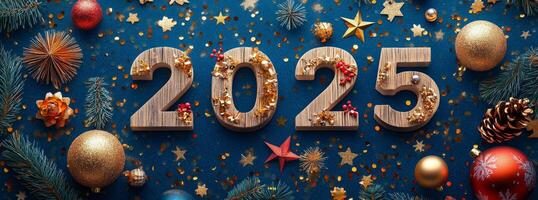 Celebrating the arrival of 2025 with festive decorations and sparkling ornaments photo