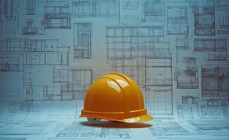 Construction helmet placed on blueprints in a professional work environment photo