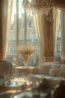 Elegant Parisian living room adorned with floral arrangements and natural light during the afternoon photo