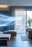 Modern living room with stylish decor and ambient lighting featuring a unique blue wave design photo