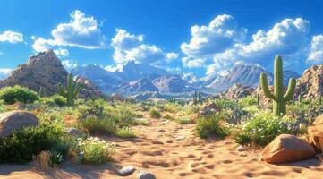 Vibrant desert landscape featuring cacti, mountains, and dramatic clouds under a bright sky photo