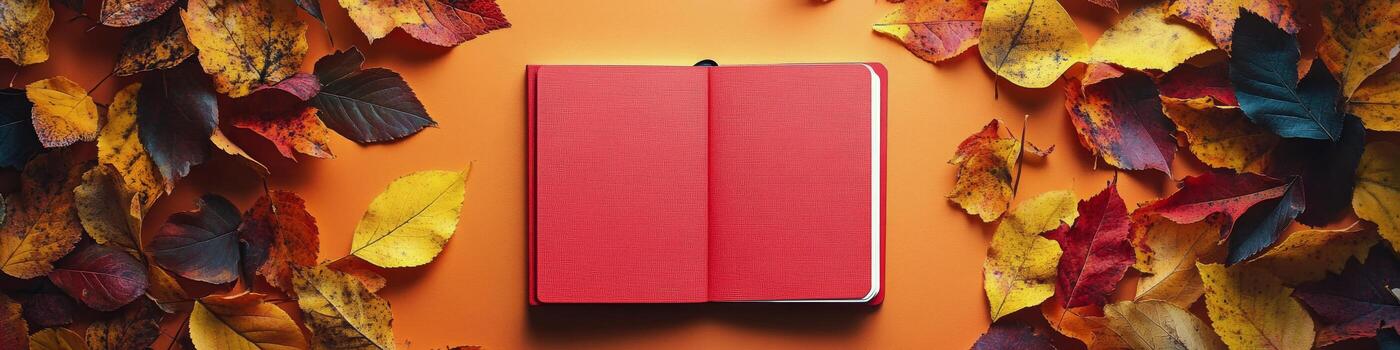 An open red book surrounded by colorful autumn leaves on a vibrant orange background photo