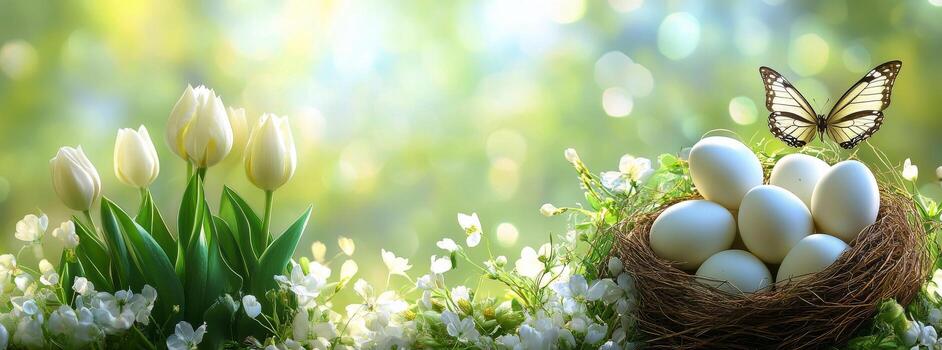 A serene spring garden featuring flowers, a butterfly, and a nest with eggs photo