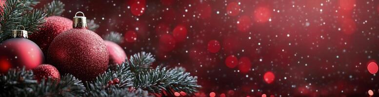 Festive holiday decorations with red ornaments and pinecones on a shimmering background photo