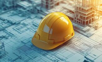 Construction helmet placed on blueprints in a professional work environment photo