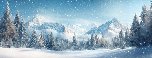 Snowfall blankets a serene winter landscape with mountains and evergreen trees at dawn photo