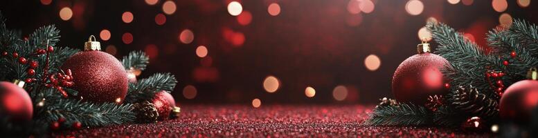 Festive holiday decorations with red ornaments and pinecones on a shimmering background photo