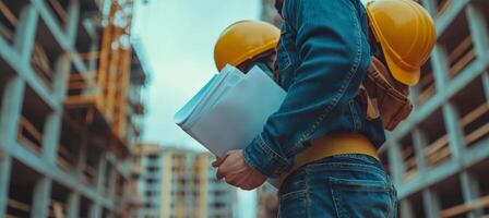 Construction worker reviewing blueprints at a building site during a cloudy day photo