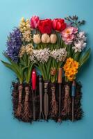 Colorful spring flowers and gardening tools arranged artistically against a vibrant blue background photo