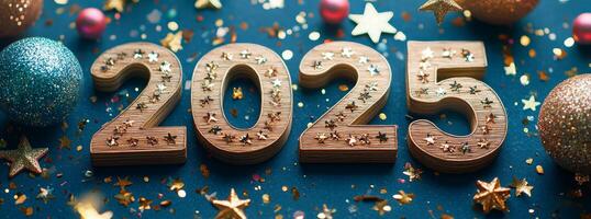 Celebrating the arrival of 2025 with festive decorations and sparkling ornaments photo